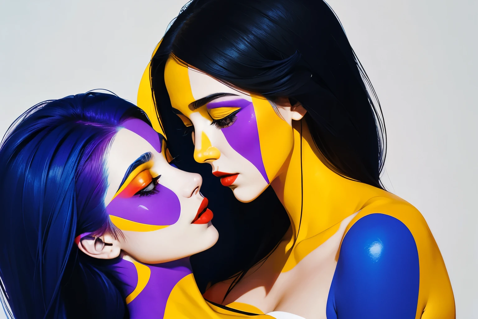 An abstract modern painting of two human faces intertwined in a tender, emotional embrace. The composition features bold, vibrant colors, including deep yellow, purple, red, and blue. One face is painted in warm yellow tones with full red lips, while the other is pale blue with subtle features, creating a striking contrast. The painting uses large brushstrokes and a dark, minimalist background to emphasize the intimacy and connection between the figures. The style is expressive and emotional, with a focus on capturing human vulnerability and love.