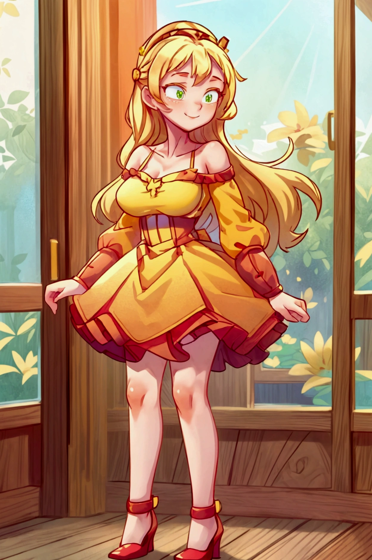 (Masterpiece, best quality) 1 girl, standing indoors with intricate details and sunlight, red and yellow frilled dress with short neckline, red heels, blonde long hair, green eyes, sexy smile, sexy pose, coquette, beautiful long legs, mature  girl, gorgeous body, pronounced breasts.