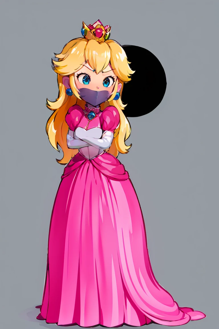  score_9, score_8_up, score_7_up, 1girl, solo,  (Peach, princess Peach from super mario lore, princess peach, pink long dress, crown), (front view), perfect proportions, simple background, standing, , bound arms, arms behind back, full body, otn gag, tight mask, wrap mask, black mask, (armbinder: 1.3), 
straitjacket, bound arms, blushing, big , neck_corset, over the mouth gag