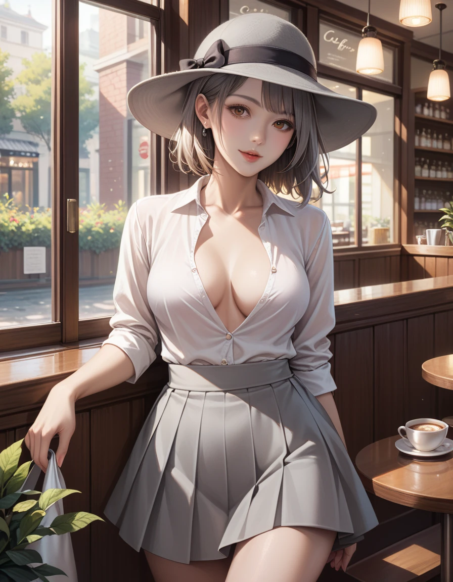 masterpiece,  High Quality , 最 High Quality , beautiful,  high definition , perfect lighting,  detailed face ,  detailed body ,  1 girl, Alone, ( long grey hair ),  Brown Eyes ,  medium breasts, ((White underwear)), (( short grey skirt)), (Grey hat),  cafe,