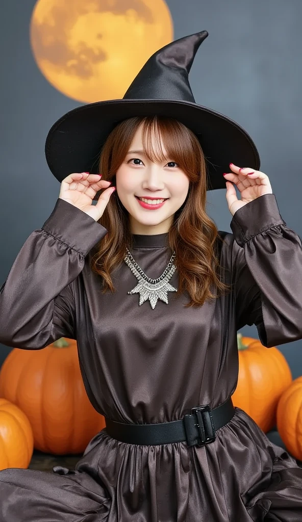  1 girl, Alone, 4K HDR, Realistic,   super detailed ,  natural light, Wearing a witch costume with long hair ,  Halloween themed background 、 spooky pumpkins glowing in the dark and full moon, Scattered clouds , ((photoRealistic:1.4)),  asymmetrical wavy long hair, (Oily skin details,  medium breasts:0.8), ( detailed face ), ( detailed background :1.1), upper body,  wearing a witch hat ,