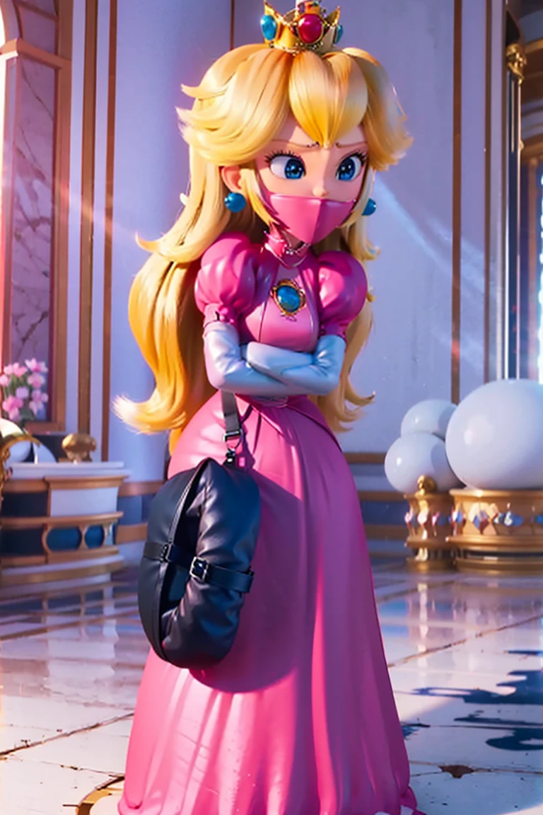  score_9, score_8_up, score_7_up, 1girl, solo,  (Peach, princess Peach from super mario lore, princess peach, pink long dress, crown), (front view), perfect proportions, simple background, standing, , bound arms, arms behind back, full body, otn gag, tight mask, wrap mask, black mask, (armbinder: 1.3), 
straitjacket, bound arms, blushing, big , neck_corset, over the mouth gag