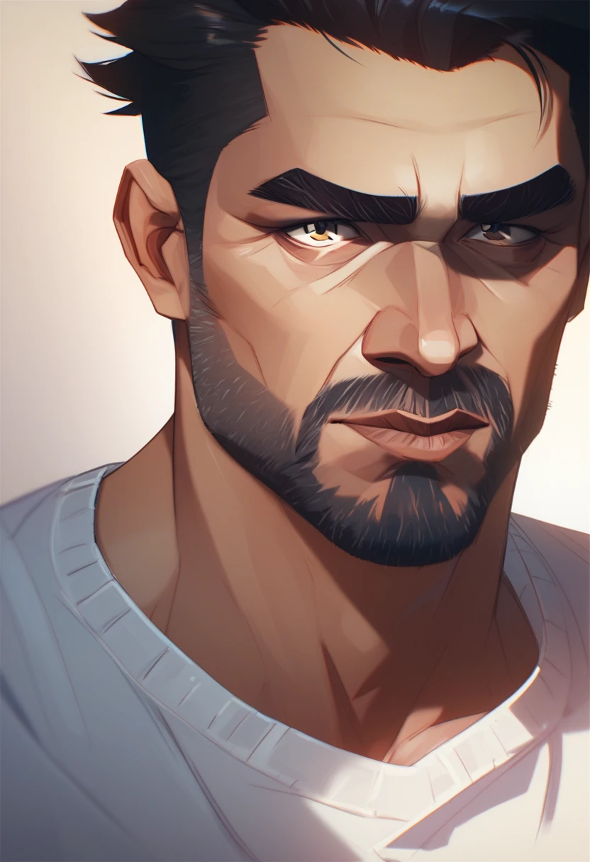 solo, looking at viewer, short hair, shirt, black hair, 1boy, brown eyes, closed mouth, yellow eyes, white shirt, male focus, manly face, arcane, jayce, shaved beard, thick eyebrows, portrait, realistic