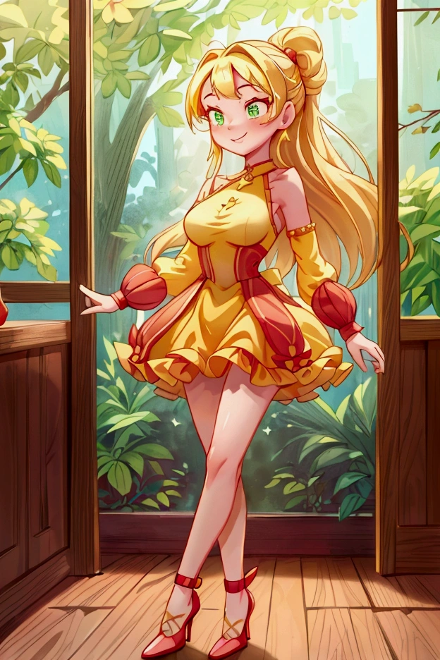 (Masterpiece, best quality) 1 girl, standing indoors with intricate details and sunlight, red and yellow frilled dress with short neckline, red heels, blonde long hair, green eyes, sexy smile, sexy pose, coquette, beautiful long legs, mature  girl, gorgeous body, pronounced breasts.