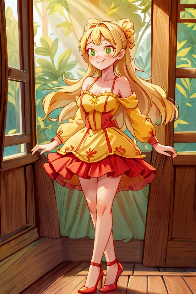 (Masterpiece, best quality) 1 girl, standing indoors with intricate details and sunlight, red and yellow frilled dress with short neckline, red heels, blonde long hair, green eyes, sexy smile, sexy pose, coquette, beautiful long legs, mature teen girl, gorgeous body, pronounced breasts.