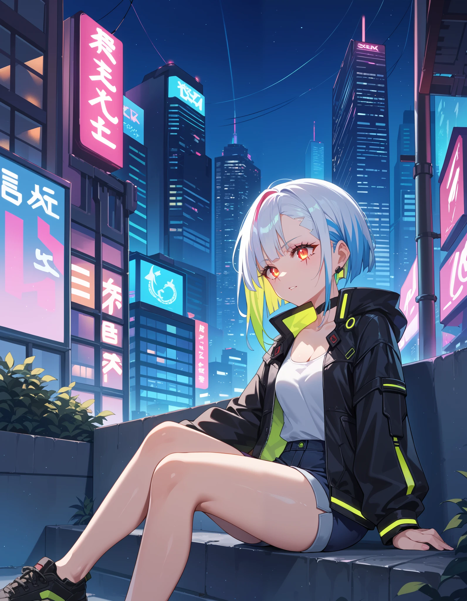 score_9, score_8_up, score_7_up, source_anime, BREAK, 1girl, cyberpunk, city, night, neon lights, multicolored hair, red eyes, glowing eyes, sitting, outdoors, buildings