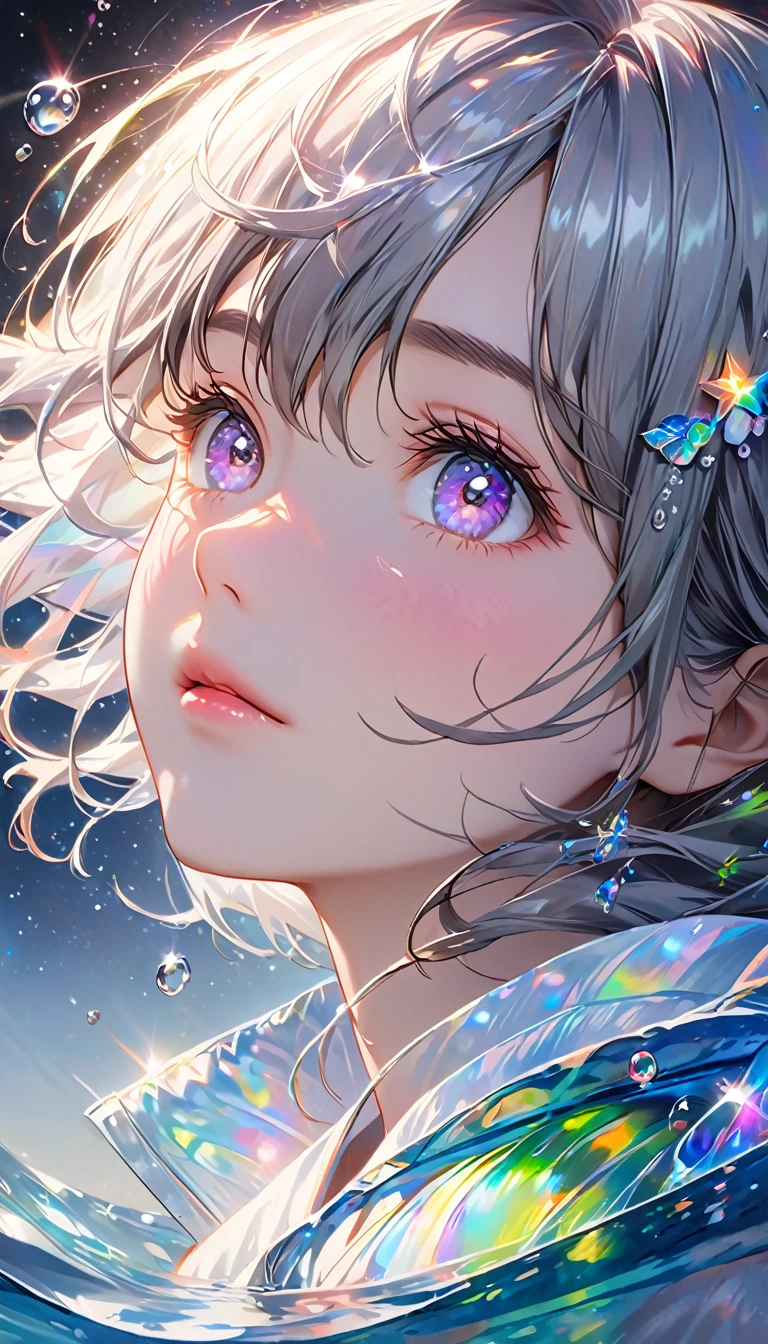   A girl with gray hair is swimming in a starry sky , Ultra high resolution rendering style ,Shine,Purple,green,Brush,Realistic oil painting,Shine瞳,  head close-up  ,  Exaggerated Perspective    ,  Tyndall effect,  Water Drop ,Pearl shell iridescence,  Holographic White  ,  black background,Bob