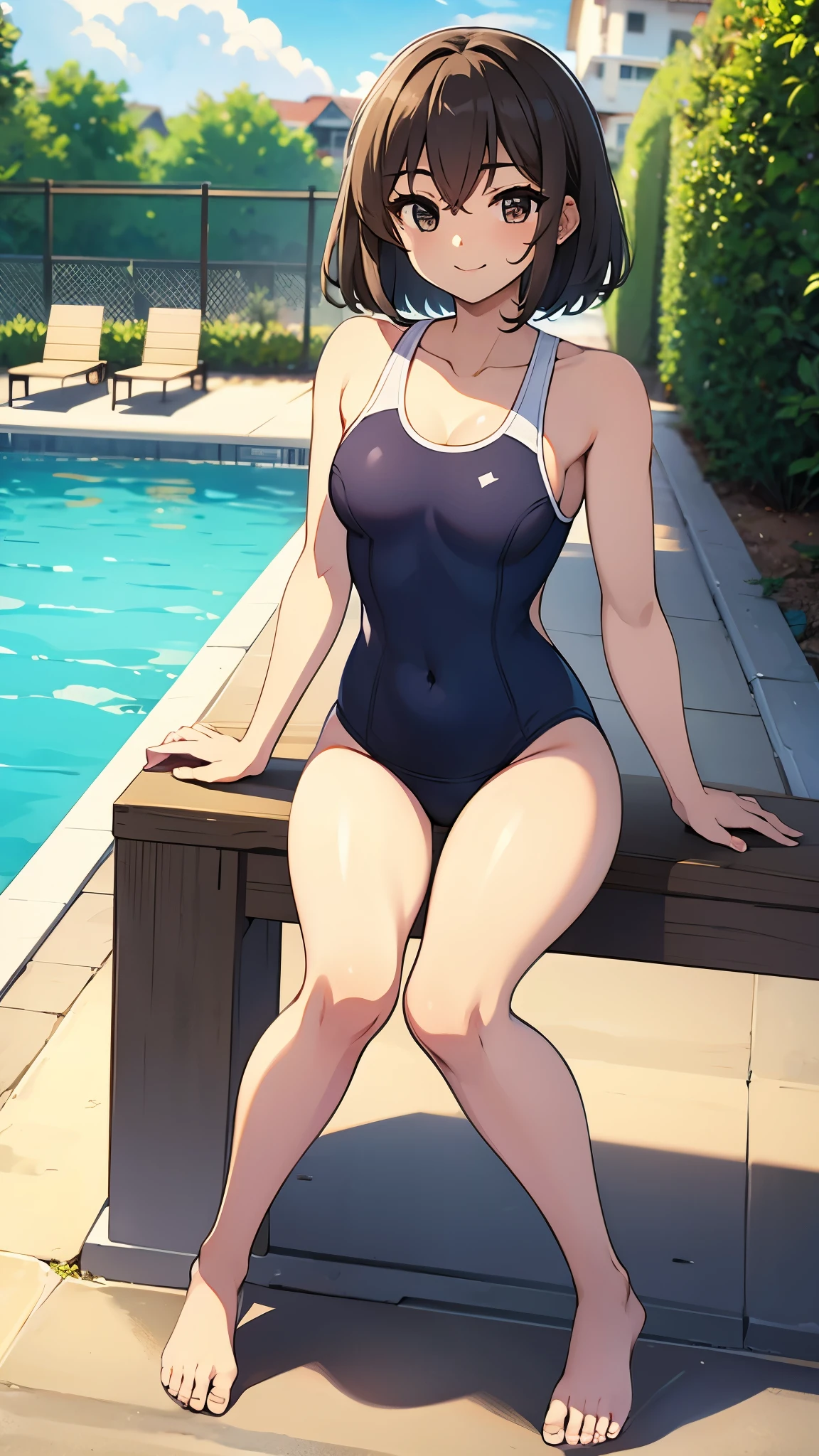 outdoor, poolside, wearing (one-piece navy blue school swimsuit), busty, bare foot, anime style, ultra high res, break Best quality, adult body, UHD, break , sharpen, 32k, masterpiece, intense gaze,