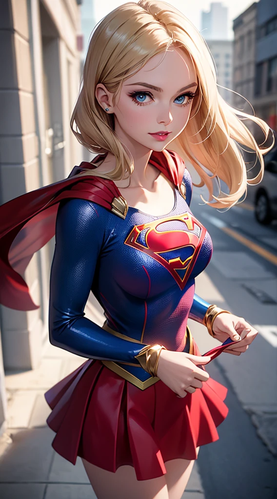 Supergirl (cape flowing), (best quality,ultra-detailed,photo-realistic:1.37),bright and vibrant colors,studio lighting,playful expression,stylish makeup, Lime,Blonde hair flowing in the wind,alluring eyes,glossy lips,sexy pose, smiling in a confident and seductive way,posing for a professional photoshoot,shallow depth of field,highlighting the main subject,soft natural lighting,creating a dreamy and magical atmosphere.