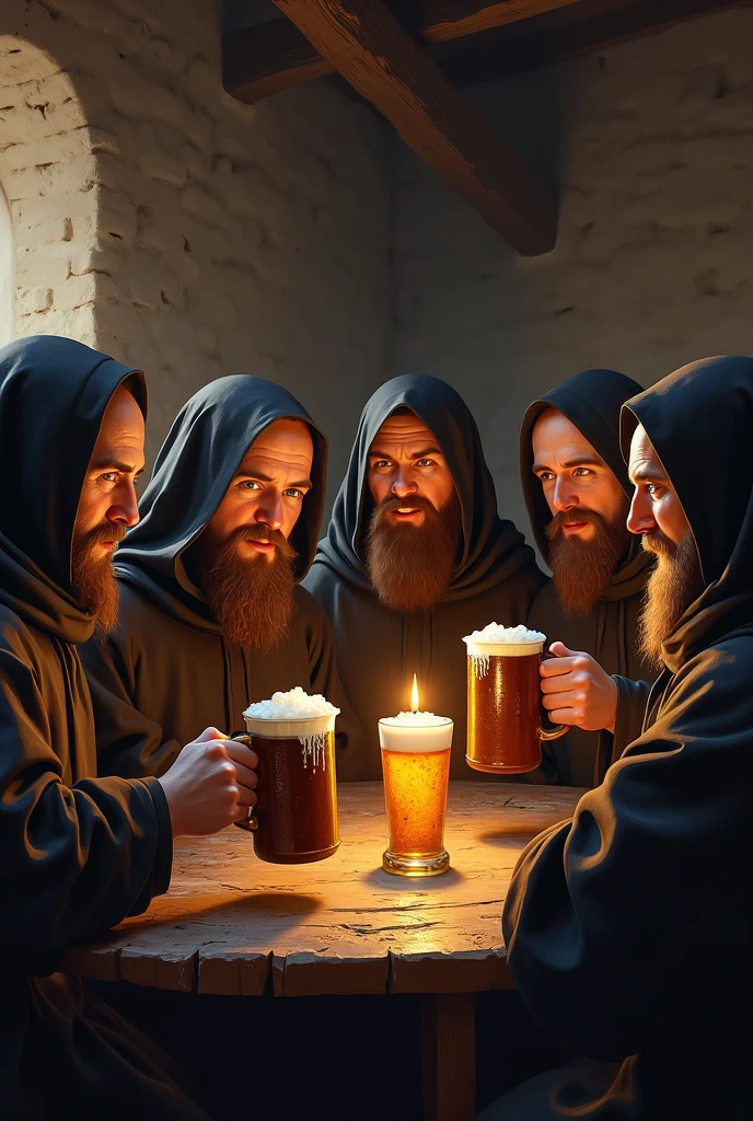 A cozy medieval tavern full of cheerful monks, including Cistercian and Capuchin monks. Cistercian monks wear white robes, while the Capuchins wear brown robes. The atmosphere is warm, with rustic wooden tables, stone walls, and a soft candlelight illuminating the scene. The monks are laughing, chatting and raising beer mugs, Sharing bread and fruit. The atmosphere reflects happiness and brotherhood among them., showing a deep sense of community.