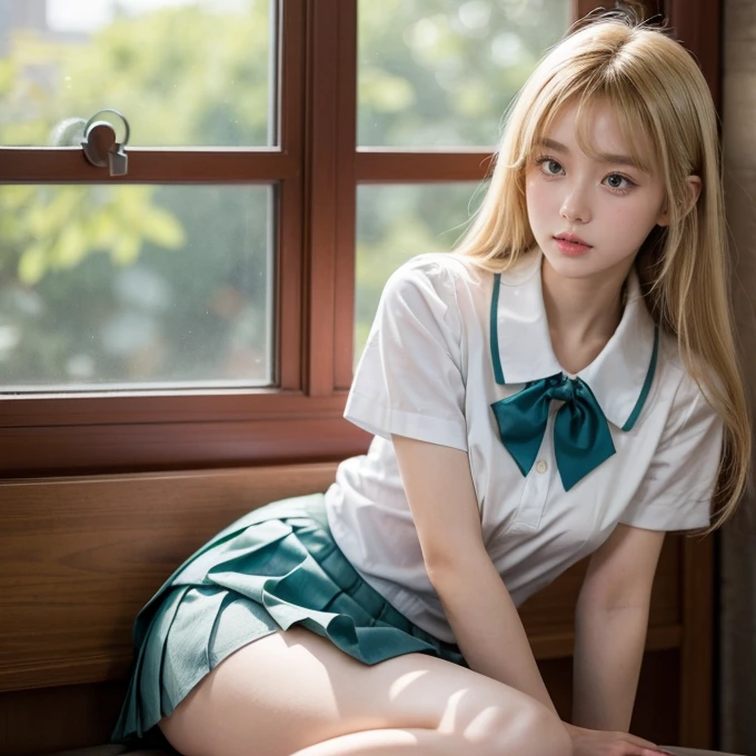 (disable censorship), (realistic photo), (masterpiece), cute chinese girl wearing christmas elf outfit, blond hair, wearing green top, wearing green skirt, wearing red white striped socks, seductive, sitting on bed, spreading legs, bedroom