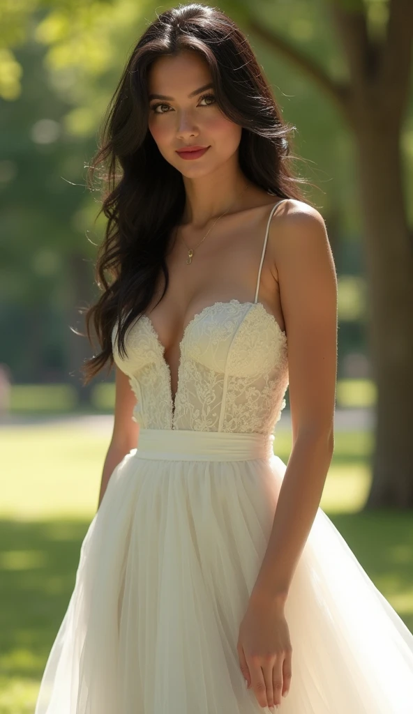 Beautiful 25 year old woman。She is wearing a summer wedding dress. She is smiling on illuminated by the evening church lights . romantic sunset. her dark brown hair. High resolution、masterpiece、highest quality、頭w:1.0、((Hasselblad Photos))、fine skin、(movie lighting)、clavicle . full body picture.