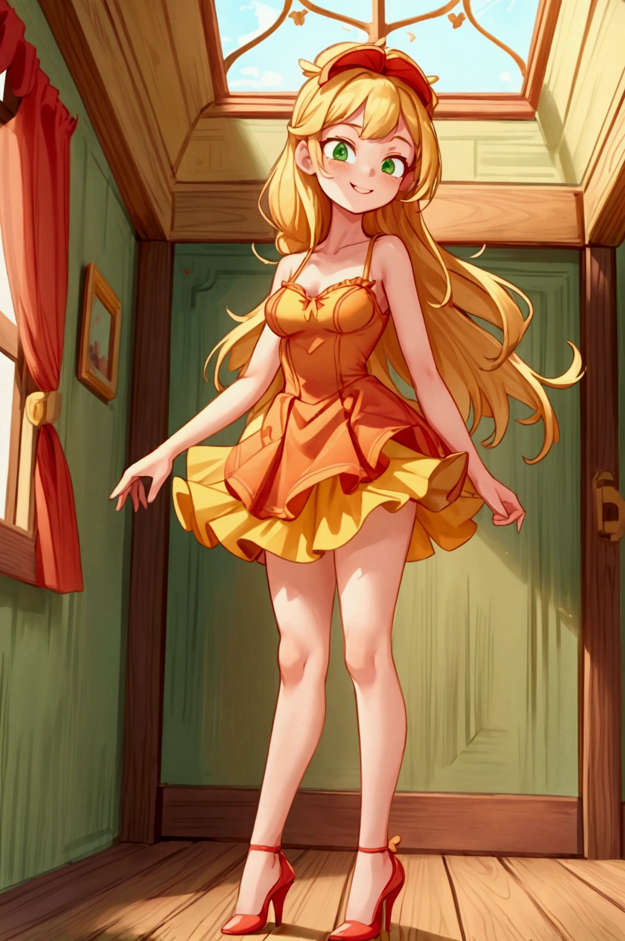 (Masterpiece, best quality) 1 girl, standing indoors with intricate details and sunlight, red and yellow frilled dress with short neckline, red heels, blonde long hair, green eyes, sexy smile, sexy pose, coquette, beautiful long legs, mature teen girl, gorgeous body, pronounced breasts.