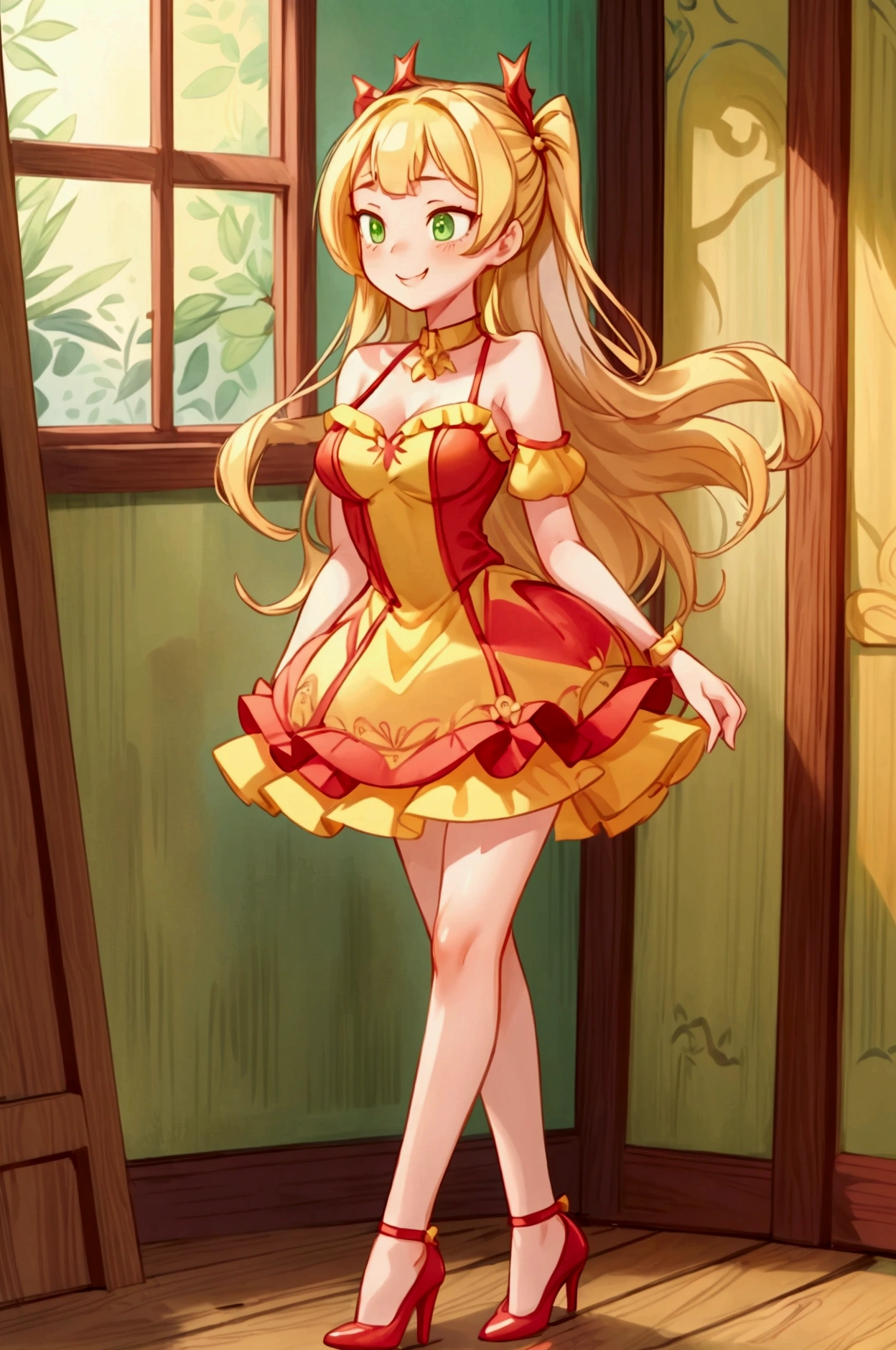 (Masterpiece, best quality) 1 girl, standing indoors with intricate details and sunlight, red and yellow frilled dress with short neckline, red heels, blonde long hair, green eyes, sexy smile, sexy pose, coquette, beautiful long legs, mature  girl, gorgeous body, pronounced breasts.