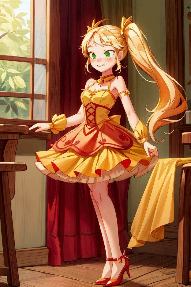 (Masterpiece, best quality) 1 girl, standing indoors with intricate details and sunlight, red and yellow frilled dress with short neckline, red heels, blonde long hair, green eyes, sexy smile, sexy pose, coquette, beautiful long legs, mature  girl, gorgeous body, pronounced breasts.