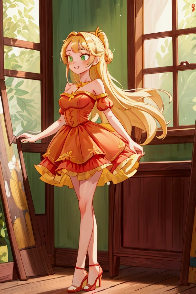 (Masterpiece, best quality) 1 girl, standing indoors with intricate details and sunlight, red and yellow frilled dress with short neckline, red heels, blonde long hair, green eyes, sexy smile, sexy pose, coquette, beautiful long legs, mature  girl, gorgeous body, pronounced breasts.