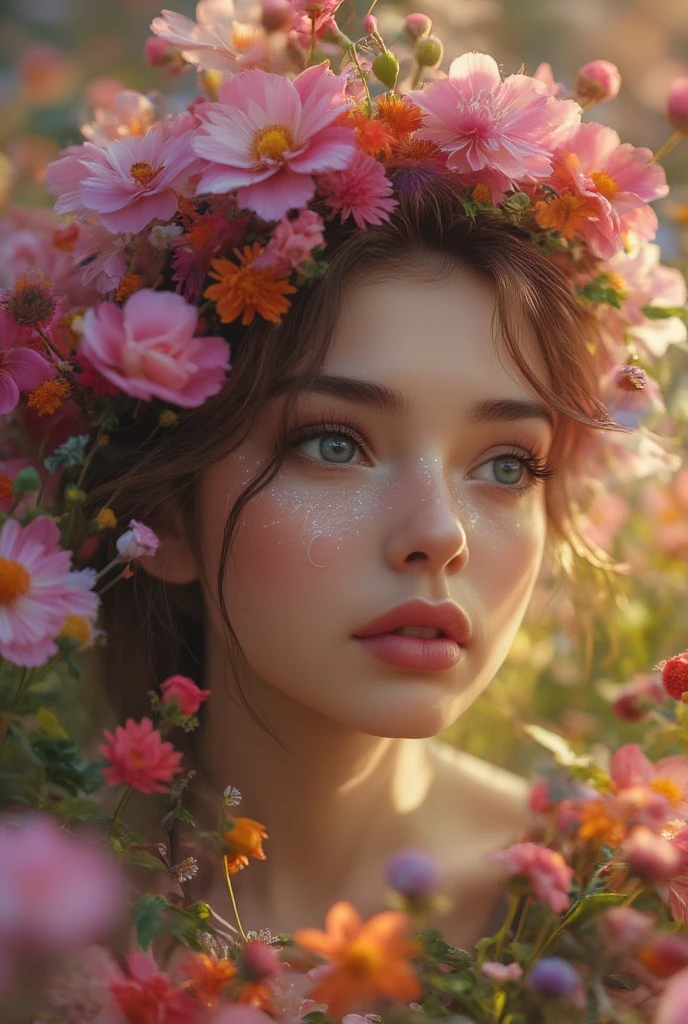 1girl, beautiful detailed eyes, beautiful detailed lips, extremely detailed face, long eyelashes, beautiful young woman, dreamy expression, flower crown, flowery meadow, natural light, soft lighting, vibrant colors, highly detailed, photorealistic, intricate details, ethereal, whimsical, magical realism