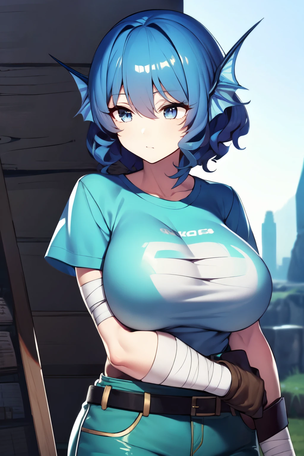 wakasagihime, 1women, age 20, big breast, thick, short stack, big head, white eyes, blind, blue hair, short hair, head fins, t-shirt, leather pants, belt, adventurer's gear, hand bandages, long gloves, bracers, fighter, pants, focused, masterpiece, best quality, (fit:0.9), (muscular:0.9), shiny skin.