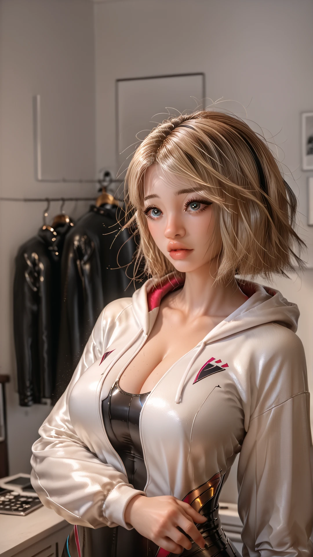 spider gwen, big breasts, sexy, cleavage, beautiful detailed eyes, beautiful detailed lips, extremely detailed face, long eyelashes, tight bodysuit, heroic pose, dramatic lighting, vibrant colors, cinematic composition, hyper realistic, 8k, high resolution, masterpiece, photorealistic