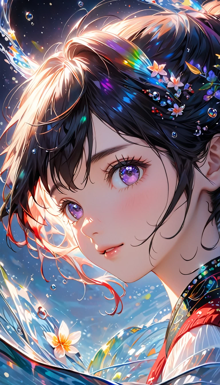   A girl with short black hair is swimming in a starry sky , Ultra high resolution rendering style  ,Shine, purple ,green,Brush,Realistic oil painting,Shine瞳,   head close-up   ,   Exaggerated Perspective      ,   Tyndall effect,   Water Drops ,Pearl shell iridescence,   Holographic White   ,   black background，Red Panda