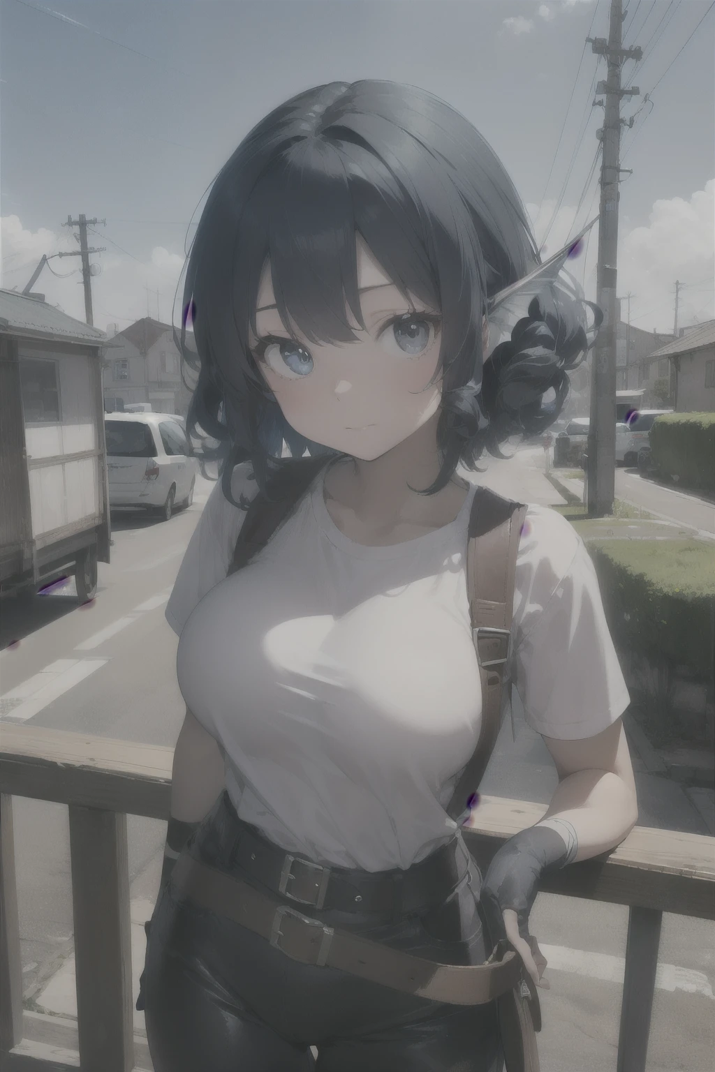 wakasagihime, 1women, age 20, big breast, thick, short stack, big head, white eyes, blind, blue hair, short hair, head fins, t-shirt, leather pants, belt, adventurer's gear, hand bandages, long gloves, bracers, fighter, pants, focused, masterpiece, best quality, (fit:0.9), (muscular:0.9), shiny skin.