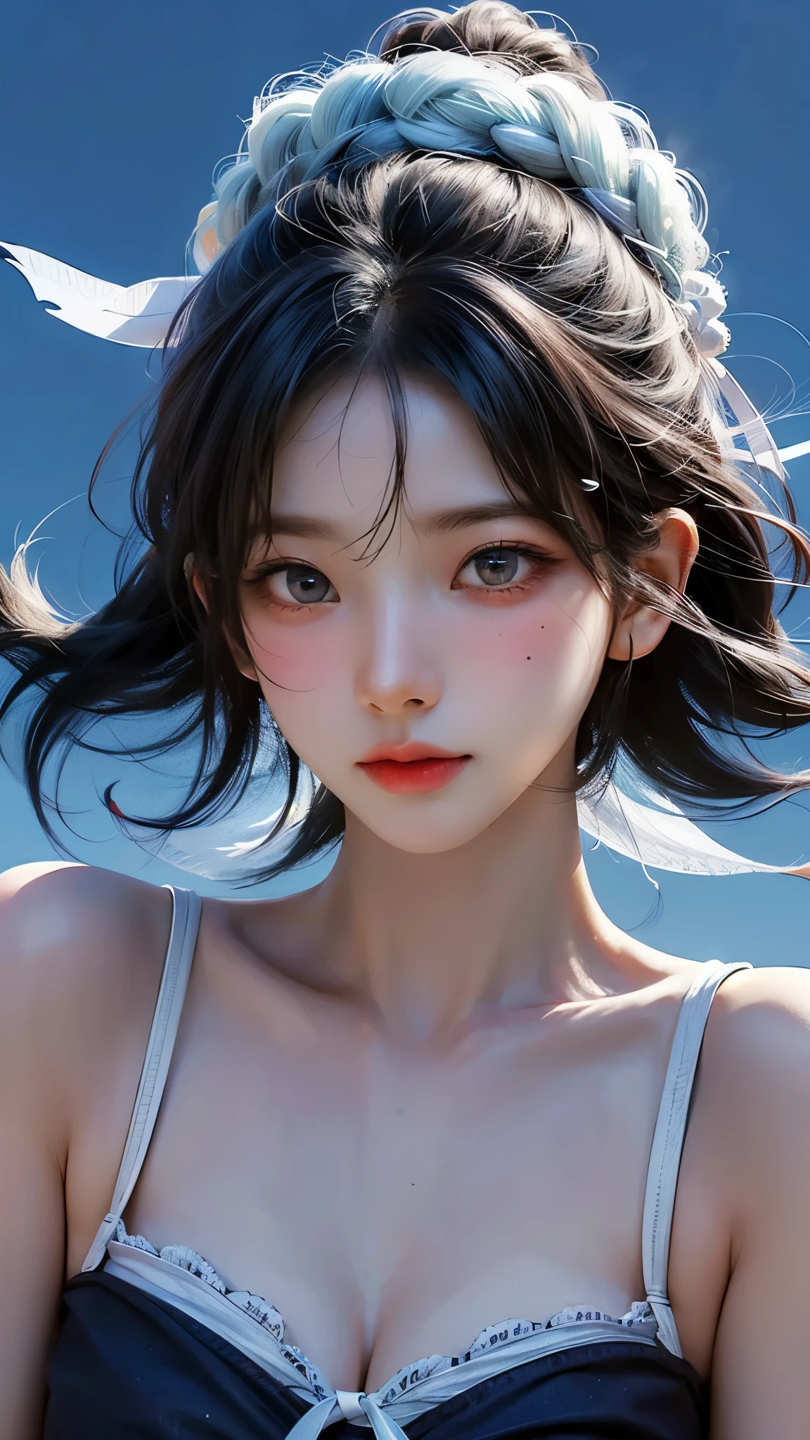 (8k, RAW photo, photorealistic:1.25), ( lip gloss, eyelashes, glossy side, shiny skin, best quality, ultra high resolution, depth of field, chromatic aberration, caustics, wide light, natural shadows, headwear, Kpop idol), (dreamy and romantic compositions: 1.5), light pink style, 1girl, (sky witch: 1.5), tall and thin beauty goddess, flowing dress, conservative girl, cloud goddess, flowing realistic fabric, wearing flowing dress, realistic, blue sky in background, (wind: 1.5), (full body: 1.5), add_detail,