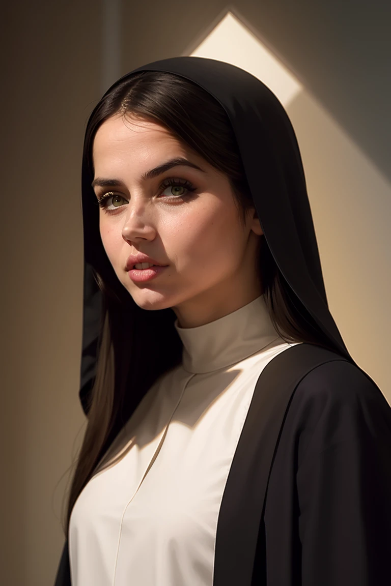 A beautiful nun wearing her black uniform, black robe, medium body, (dark shadows), (visible brushstrokes:1.2), ((atmospheric haze)), limited palette, low key, highly dramatic lighting, long hair, (straight hair:1.2), (light rays), (heavenly light:1.5), looking at viewer, (hyper detailed masterful traditional oil painting)