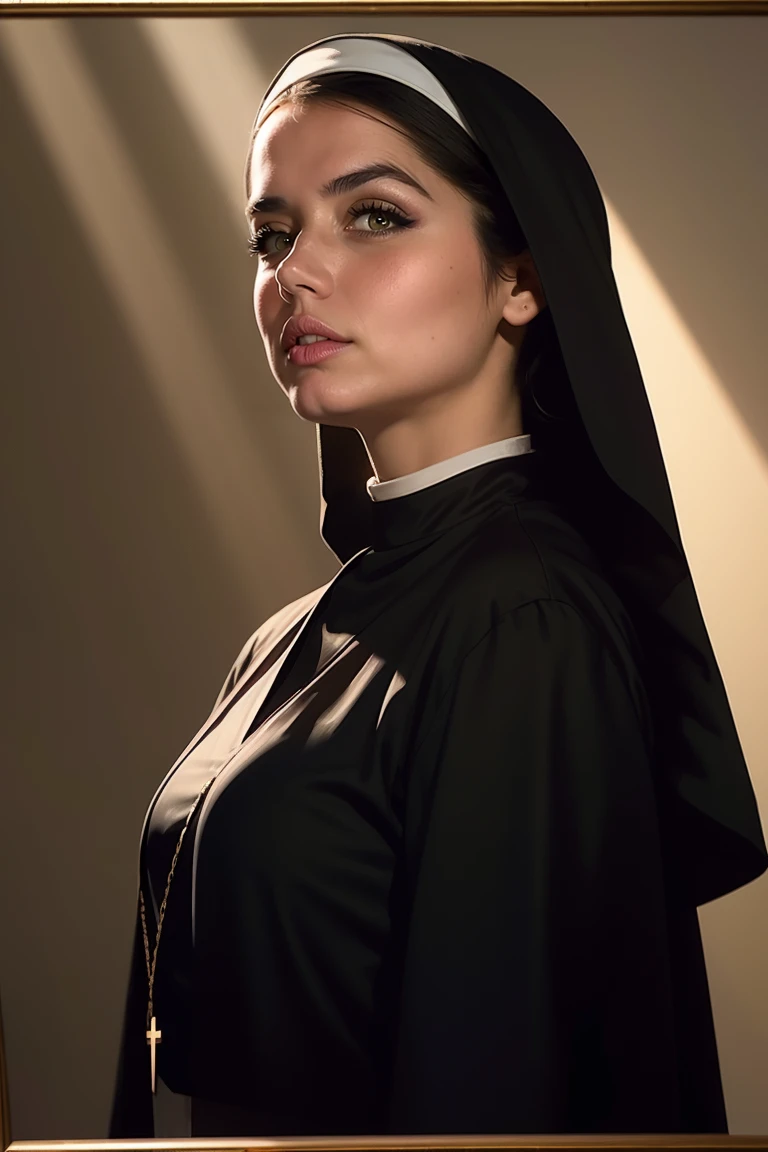 A beautiful nun wearing her black uniform, black robe, medium body, (dark shadows), (visible brushstrokes:1.2), ((atmospheric haze)), limited palette, low key, highly dramatic lighting, long hair, (straight hair:1.2), (light rays), (heavenly light:1.5), looking at viewer, (hyper detailed masterful traditional oil painting)