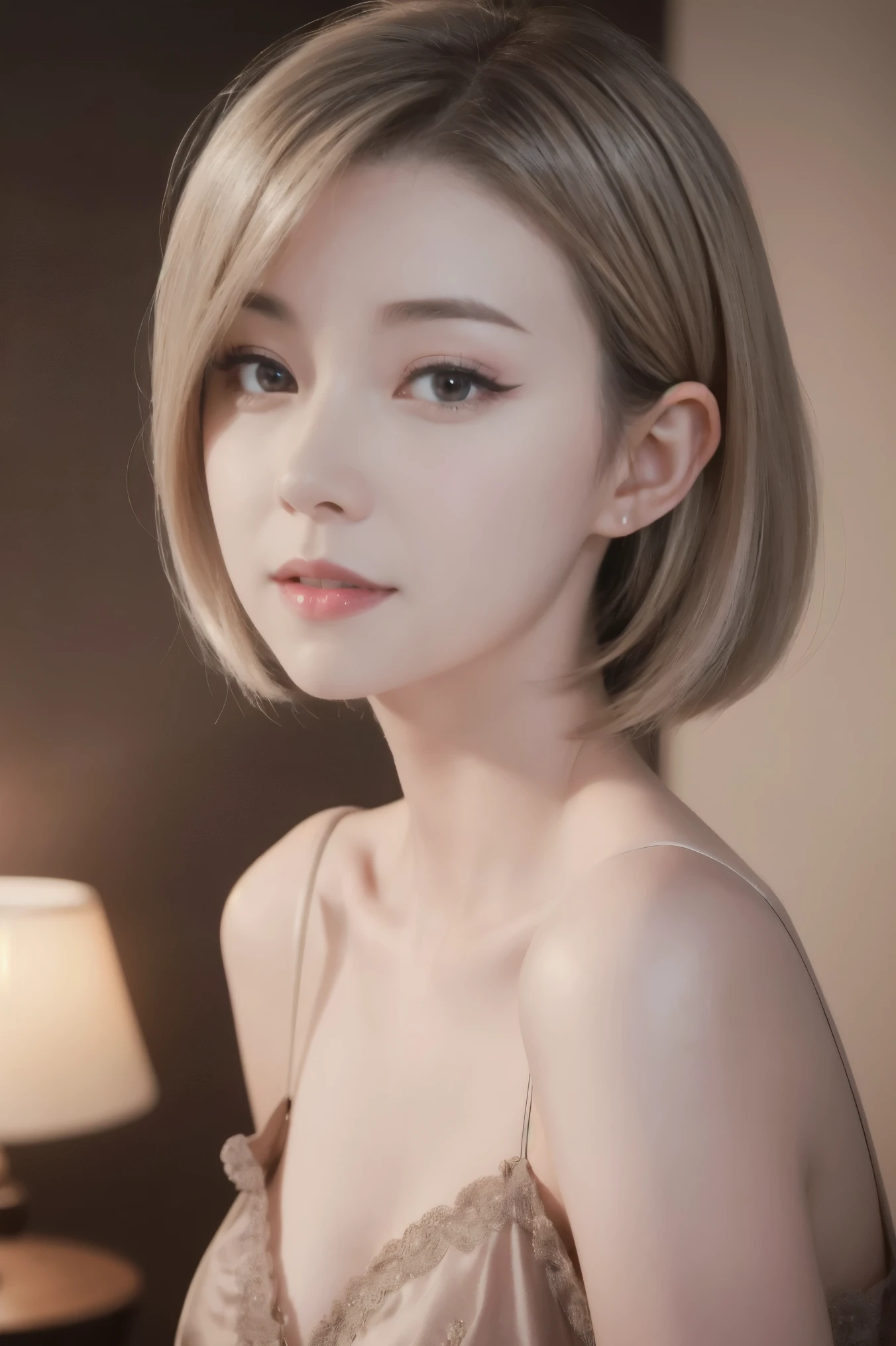 A beautiful silver-haired adult woman with a soft face and bob haircut, perfect big brown eyes, detailed face, long eyelashes, wearing modest clothes, elegant silk flower background, cinematic photorealistic lighting, dramatic night scene, (best quality,4k,8k,highres,masterpiece:1.2),ultra-detailed,(realistic,photorealistic,photo-realistic:1.37),cinematic,dramatic,moody,warm light