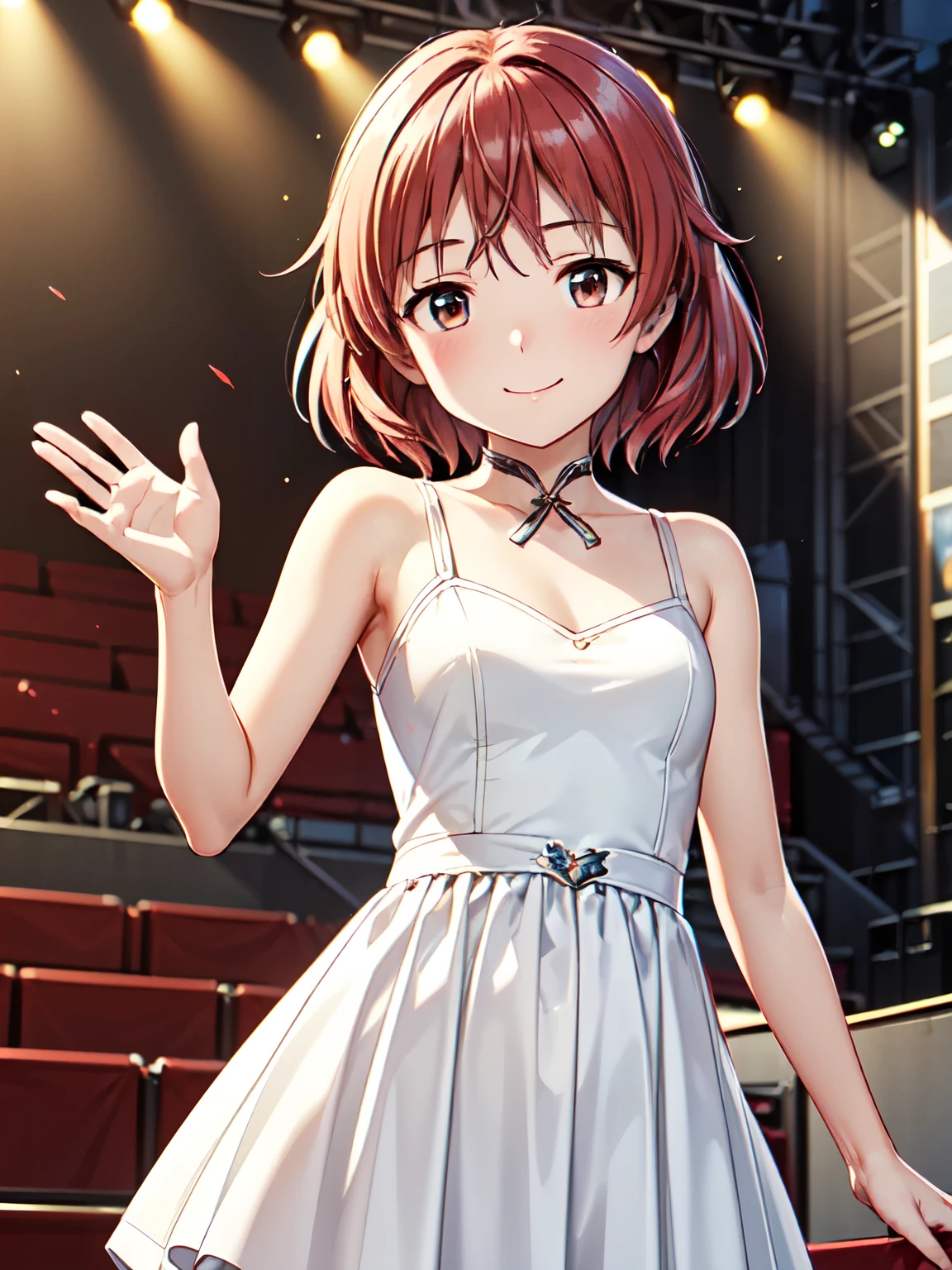 最 High Quality , High Quality ,Sanya V. Lithuanians、1 person, Alone、( red hair、 brown hair:1.2)、  very pretty face 、smile、 closed mouth ,(Concert Venues、 stage:1.5)、  absolute standard to center 、(red and white idol dress costume:1.5)、3d，8Ｋ,(Genuine、Genuine志向、写真Genuine志向:1.2）、 Red eyes、、 ultra high resolution 、 ultra high resolution、Painting、  cowboy shot、Waving while smiling at the audience、