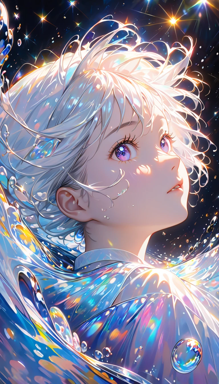   A girl with short white hair is swimming in the starry sky , Ultra high resolution rendering style   ,Shine, Purple,yellow，Brush,Realistic oil painting,Shine瞳,    head close-up    ,    Exaggerated Perspective        ,    Tyndall effect,    Water Drop  ,Pearl shell iridescence,    Holographic White    ,    black background，Red Panda