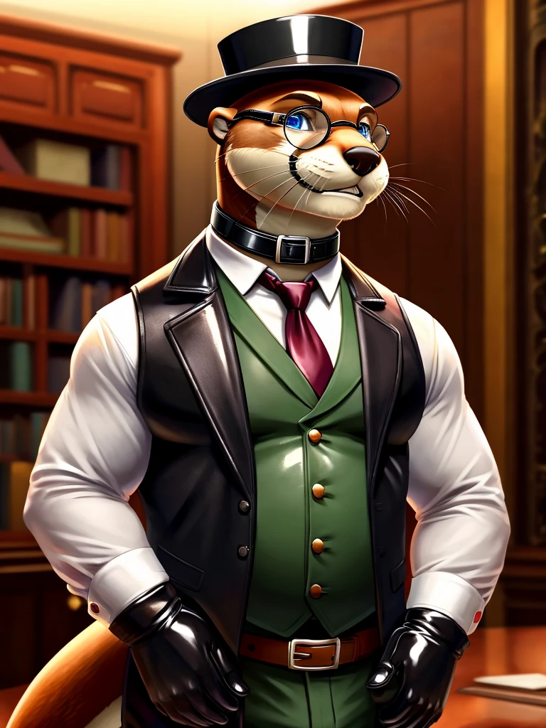Solo, Male, fat, extremely obese, gentleman, dapper Professor Otter, blue eyes, (posing:1.3), (soft shading), 4k, hi res, ((detailed face, detailed)), looking at viewer, mouth wide open, steampunk, dapper clothing, collared shirt with buttons, top hat, male focus, Explorer Outfit, glasses, monocle, vest with buttons, sleeves rolled up, round eyewear, brown headwear, brown vest, office, Otter is wearing a glossy leather dog collar around the neck, Otter is wearing the leather collar and shirt and vest at the same time, Otter is wearing glossy white rubber gloves on the hands, wearing white rubber gloves on the feet, gloves are rubber in texture, clenching teeth, clenching fists, leather collar is glossy and shiny with a lot of detail, Otter is wearing gloves and leather collar at the same time, leather collar has a round dog-tag, leather collar is thick and detailed, leather collar is glossy and shiny, fancy clothing, dapper vest, dapper shirt, leather collar is thick, glossy leather collar.
