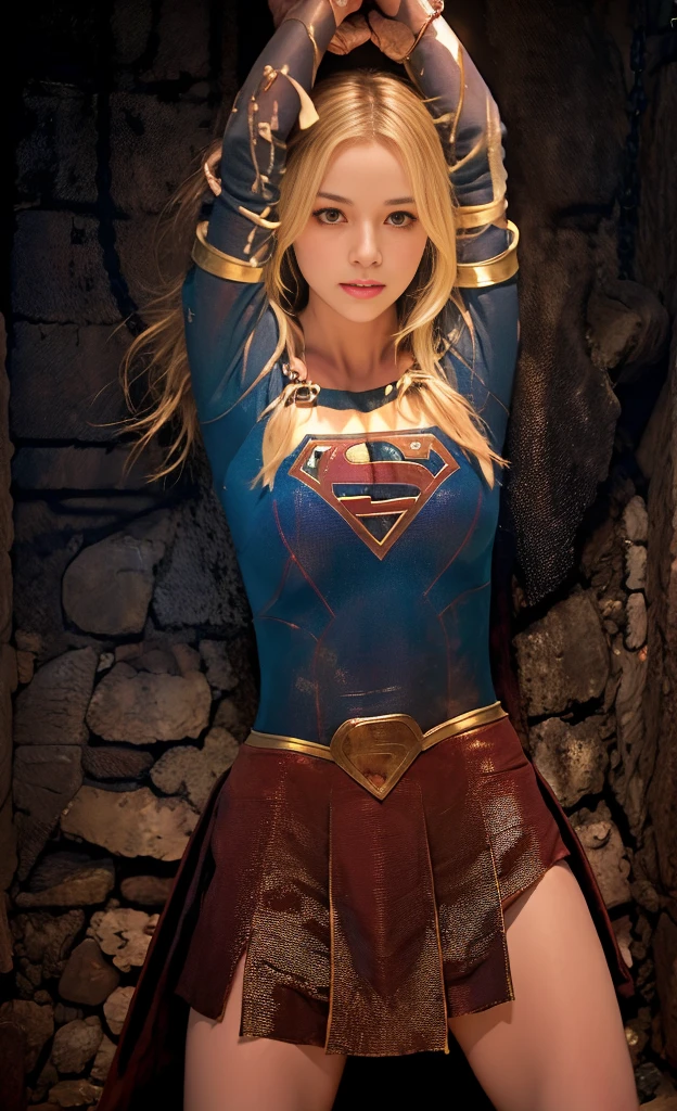 ​masterpiece、 shorthaired supergirl in chains、 big full breasts、 looking at the camera、 Shiny Costume 、Tattered Costume、injury、 Dungeons 、 slave,  expose my chest,  Big Breasts ,