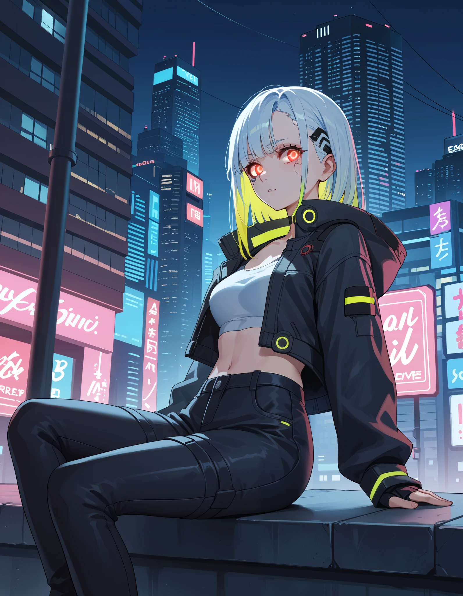 score_9, score_8_up, score_7_up, score_6_up, score_5_up, score_4_up, source_anime, BREAK, 1girl, cyberpunk, city, night, neon lights, multicolored hair, red eyes, glowing eyes, sitting, outdoors, buildings