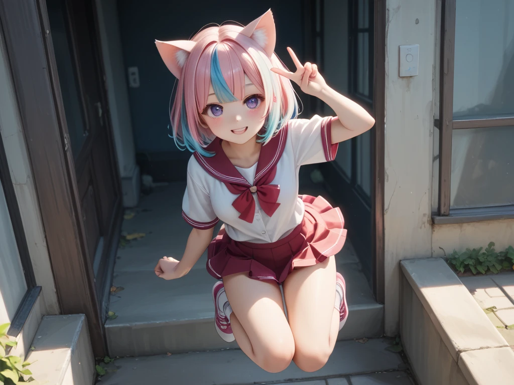 (2heads:1.5), masterpiece, best quality, absurdres, 1girl, pink hair, twintails, cat ears, cat paw hands, cat paw feet, cat tail, (two cat tails), (school uniform:1.1), short skirt, :3, looking at viewer, (red eyes), cute girl, (muscular:1.4), medium breasts, smile, abs, squatting, sfw