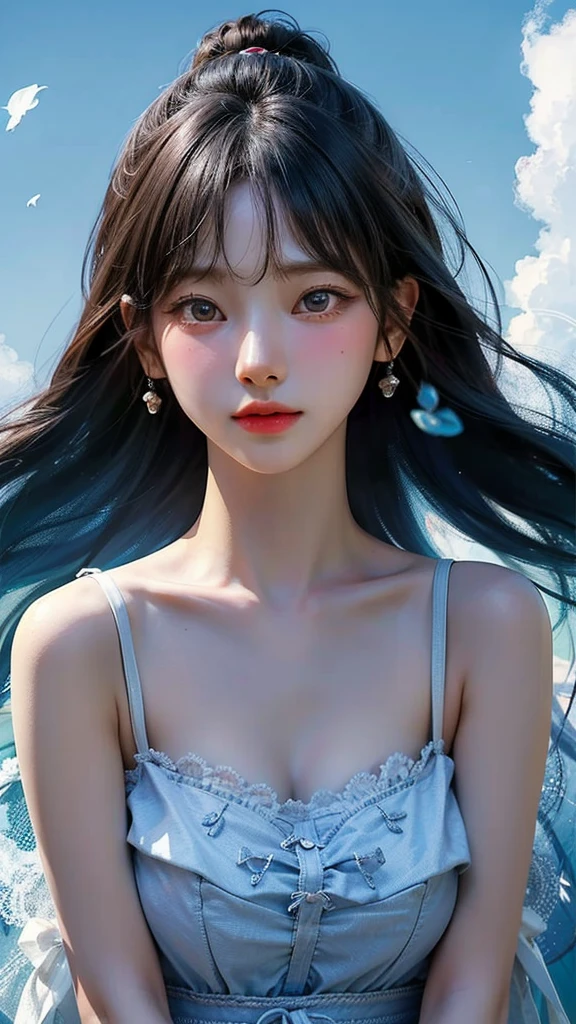 (((the sea，blue-sky)))，((Best Quality, 8K, Masterpiece: 1.3)), 1girl, Slim Abs Beauty: 1.3, Beautiful princess pink dress，Leaking out of both shoulders，(Hairstyle Casual, Big Breasts: 1.2), Dress: 1.1, Super Fine Face, Delicate Eyes, Double Eyelids, Smile,Glows in high detail, white backgrounid, industrial design, studio lit, C4D, OC renderer, Clean shadows, 4K