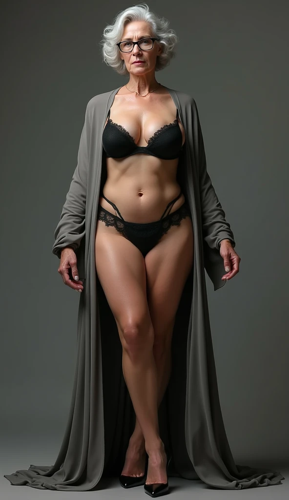 40 year old woman weighing 95 kg wearing black open abaya and her legs open sexy standing and her high heels open her chest and lipstick and her belly open without clothes