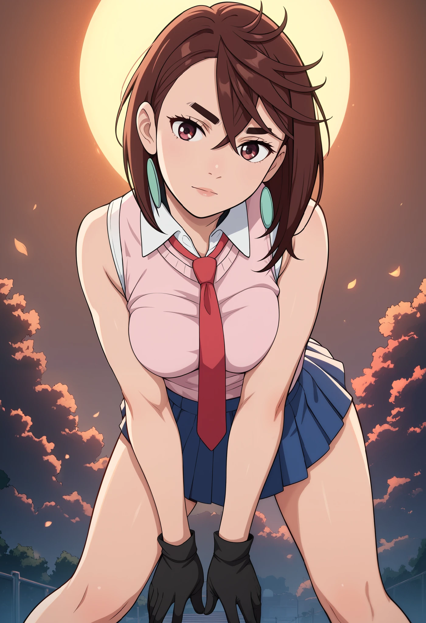 momo ayase, short hair, brown hair, brown eyes, bangs, thick eyebrows, medium breasts, detailed background, cinematic lighting, 1girl, looking at viewer, original outfit, necktie, black gloves, breasts, skirt, shirt, sleeveless, hand on hip, leaning forward, :i, outdoors, hand on own knee,