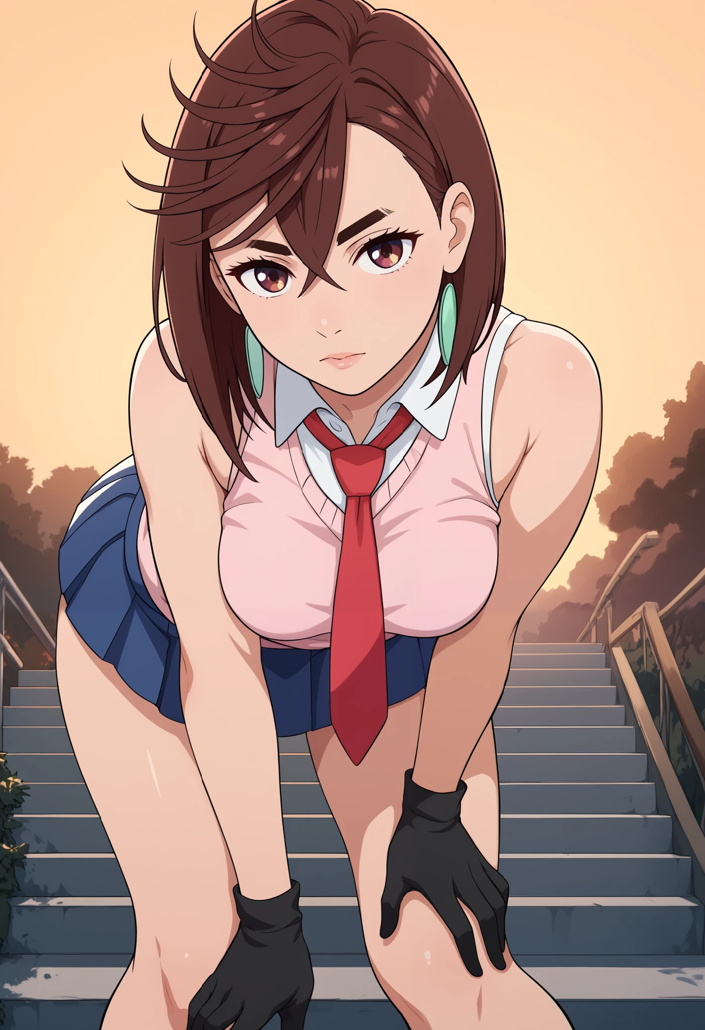 momo ayase, short hair, brown hair, brown eyes, bangs, thick eyebrows, medium breasts, detailed background, cinematic lighting, 1girl, looking at viewer, original outfit, necktie, black gloves, breasts, skirt, shirt, sleeveless, hand on hip, leaning forward, :i, outdoors, hand on own knee,
