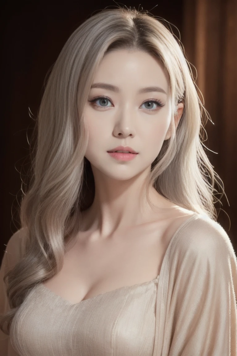 A beautiful silver-haired adult woman with a soft face, curly hair, perfect big brown eyes, detailed face, long eyelashes, wearing modest clothes, elegant silk flower background, cinematic photorealistic lighting, dramatic night scene, (best quality,4k,8k,highres,masterpiece:1.2),ultra-detailed,(realistic,photorealistic,photo-realistic:1.37),cinematic,dramatic,moody,warm light