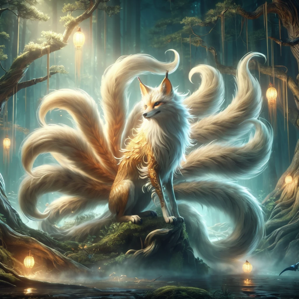  panorama， Wild Beast in the Forest ，It's like a fox with 9 tails on its back，scared、 sharp fangs、Sharp Claws、 mysterious creature , shrike, ( best quality，4K，8k，There are high level ，masterpiece：1.2），  super detailed ，（Realistic，Photo realistic，Photo realistic：1.37）， Highly Detailed Animal ， Intricate Pattern ， Realistic Writing ，Fantasy Creatures、Creepy、