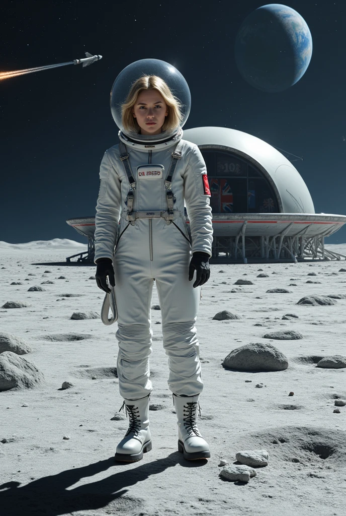  of incredible beauty and epic. ,  in the foreground is a girl in a high-tech (sci-fi) in a white space suit with the inscription  "ussr"on the left chest , through a helmet, we see its stunning beauty, a young smiling face and short straw hair ), , it stands and looks forward towards the endless lunar surface, dug by craters and individual stones, where a huge futoristic structure stands in front  ( USSR lunar base , a large dome made of dark glass , frame woven into structures of unusual shape ,sluice, equipment hangar ,  and in From the distance, you can see a futuristic space ship taking off from the cosmodrome towards earth ,  above her head endless space with constellations , nebulae and distant stars , , you can see planet Earth ,  photorealistic shot of high detail .