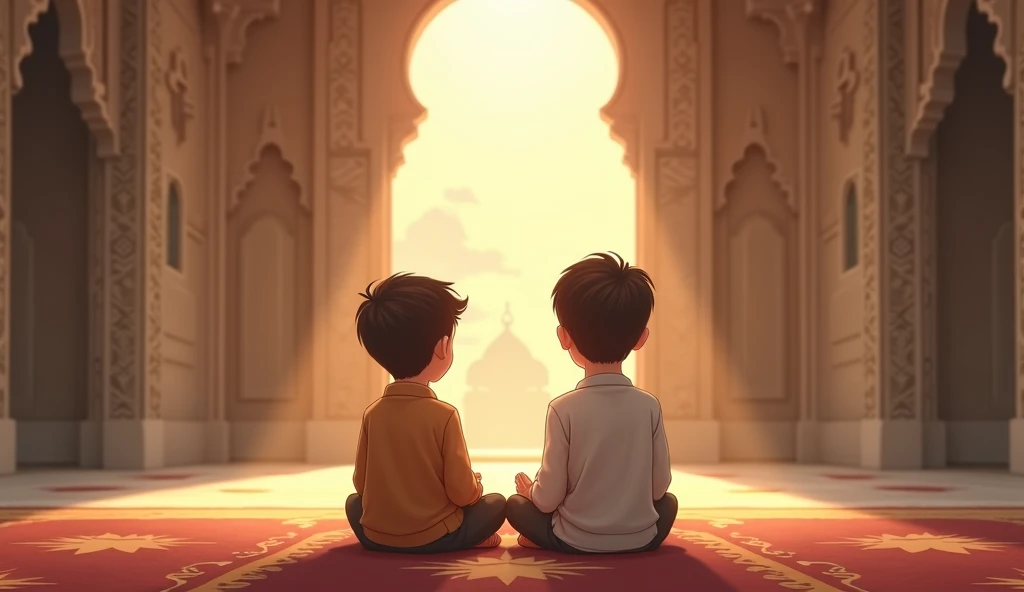 Create 3D image of Indian devotional boy sitting next to mohd taha and boy is seeing flute, they makka madina are on sitting and sitting is nicely decorated and standing together, boy is wearing black color T-shirt with name “mohd taha ” written on it, heaven like beautiful scene background, star moonrealistic image and boy is bare feet.