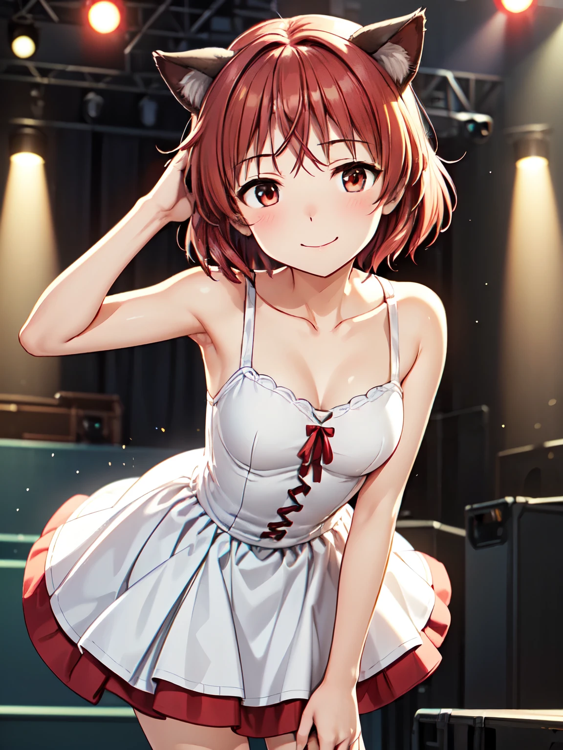 最 High Quality , High Quality ,Sanya V. Lithuanians、1 person, Alone、Black cat ears、( red hair、 brown hair:1.2)、  very pretty face 、smile、 closed mouth ,(Concert Venues、 stage:1.5)、  absolute standard to center 、(red and white idol dress costume:1.5)、3d，8Ｋ,(Genuine、Genuine志向、写真Genuine志向:1.2）、 Red eyes、、 ultra high resolution 、 ultra high resolution、Painting、  cowboy shot、Leaning forward