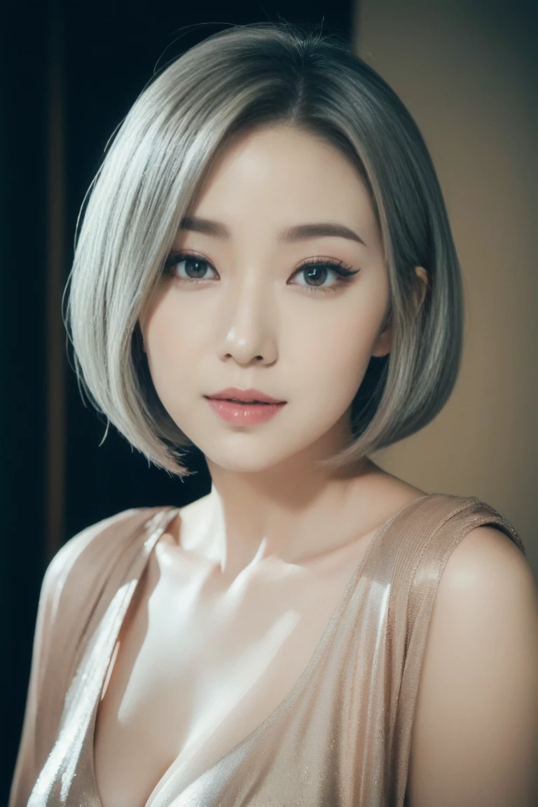 A beautiful silver-haired adult woman with a soft face and bob haircut, perfect big brown eyes, detailed face, long eyelashes, wearing modest clothes, elegant silk flower background, cinematic photorealistic lighting, dramatic night scene, (best quality,4k,8k,highres,masterpiece:1.2),ultra-detailed,(realistic,photorealistic,photo-realistic:1.37),cinematic,dramatic,moody,warm light