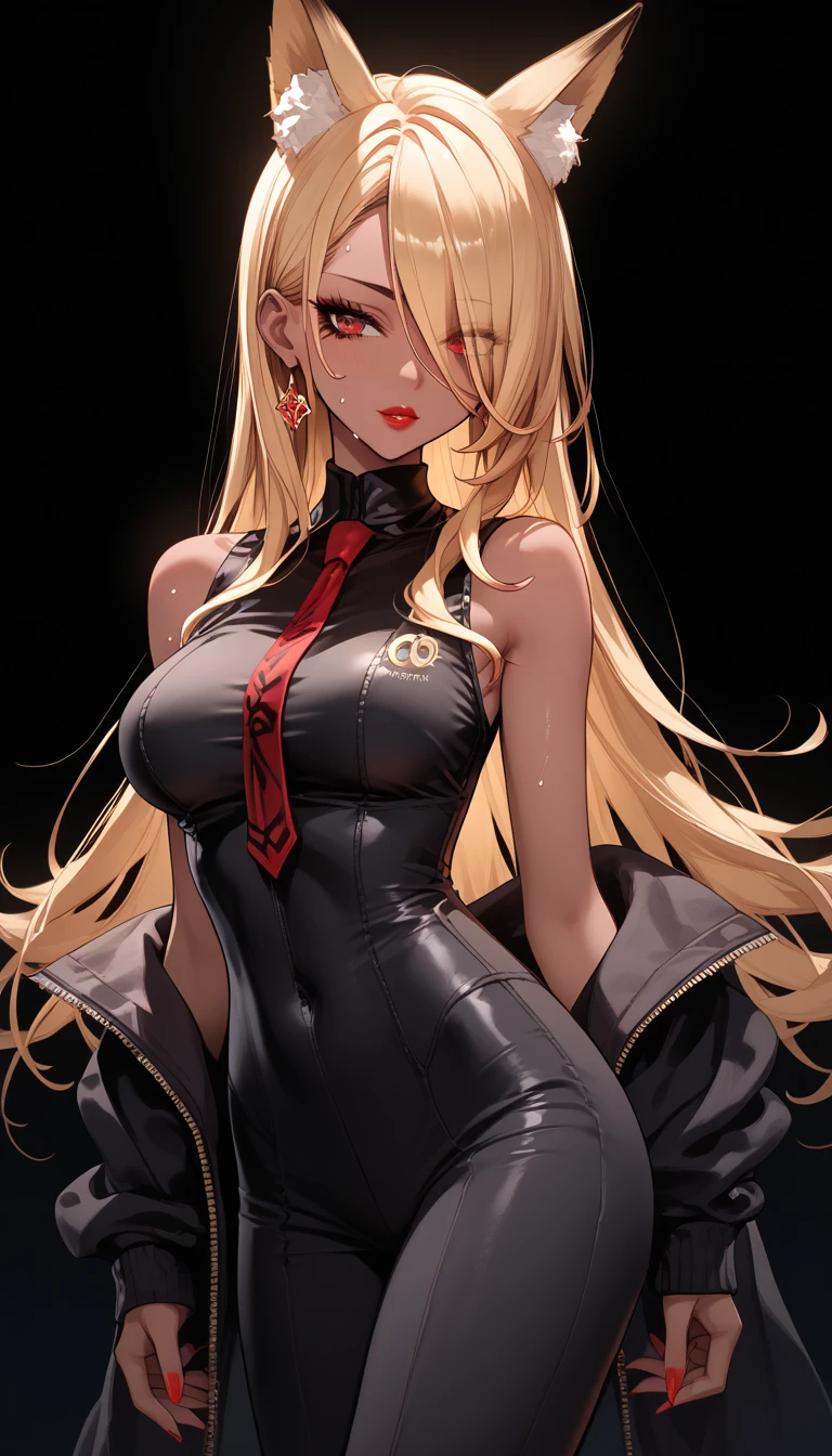 gyaru girl ,  dark skin ,  hair covers the eye, 1 girl,  long golden hair, 4K,  red eyes , , fox ears,  duration , hair template ,   compose, black mascara, sleeveless,  black wool suit, thief costume ,  sweat, height 180 centimeters,  beautiful, anime,  red lipstick 