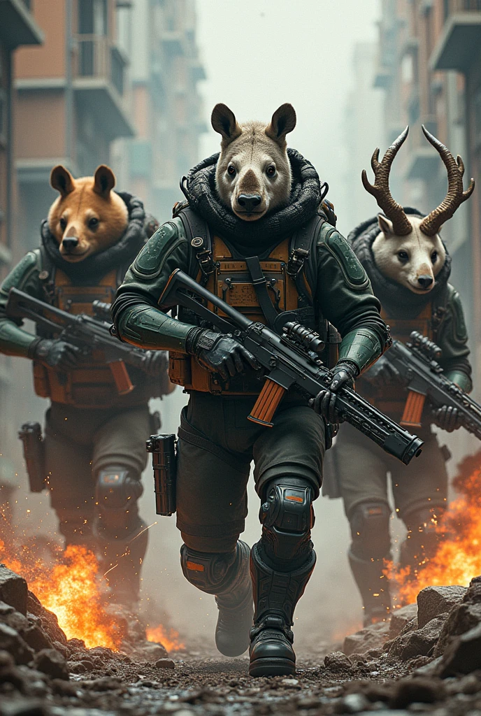 arafed image of a group of people walking down a street, the teddy bear is holding a gun, concept armor, inspired by Yuan Jiang, still image from the movie, broadshouldered, black tactical gear, gray men, swarm, anthropomorphic warrior piglet, kitbashing, panda, bearing a large mad grin, ƒ / 8, apocalyptic --auto --s2