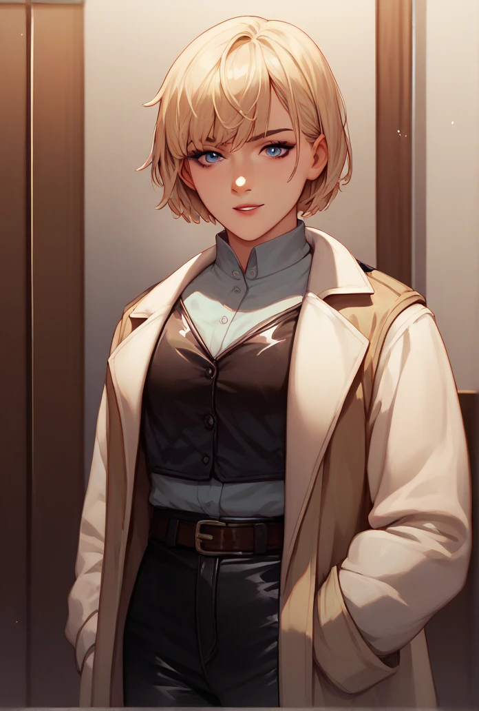 1 girl, High definition, leather vest, shirt, military pants, trenchcoat, meeting room,