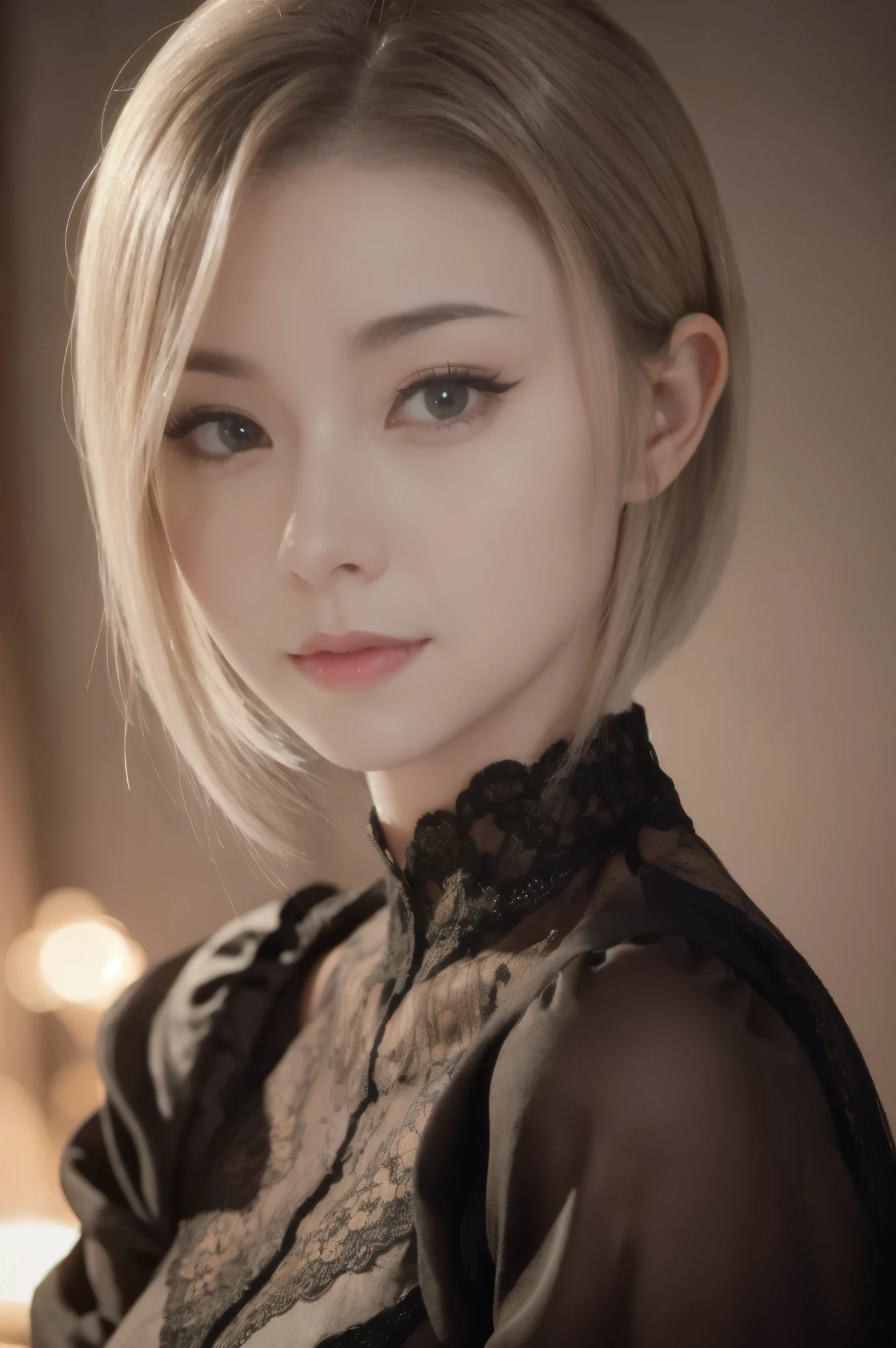 A beautiful silver-haired adult medieval woman with a soft face and bob haircut, perfect big brown eyes, detailed face, long eyelashes, wearing modest clothes, elegant silk flower background, cinematic photorealistic lighting, dramatic night scene, (best quality,4k,8k,highres,masterpiece:1.2),ultra-detailed,(realistic,photorealistic,photo-realistic:1.37),cinematic,dramatic,moody,warm light