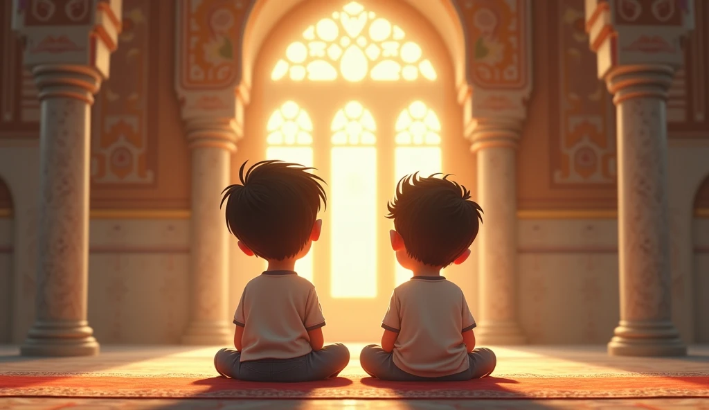 Create 3D image of 1 Indian devotional boy sitting next to makka madina seeing flute, they both are on swing and swing is nicely decorated and sitting together, boy is wearing black color T-shirt with name “mohd taha” written on it, heaven like beautiful scene background, peacock dance, realistic image and boy is bare feet.